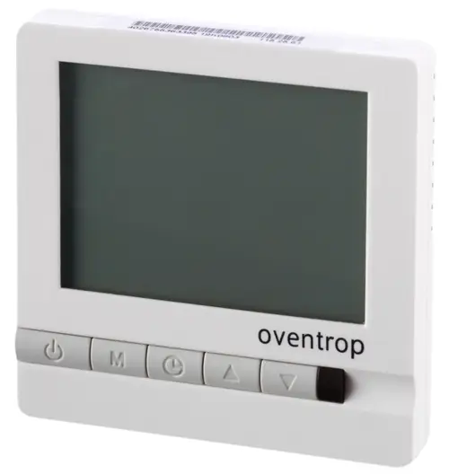 Weißes Oventrop Raumthermostat mit Display, Unterputz, kabelgebunden, 230V. Knöpfe für Ein/Aus, Modus, Zeit, Pfeil hoch und Pfeil runter.
